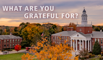 A building with pillars is featured with the words What are you Grateful for overlaid 