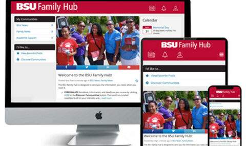 BSU Family Hub sign-in page shown open on desktop, tablet and smart phone screens