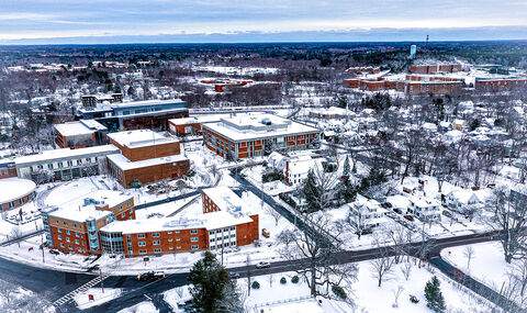 An aerial of BSU's campus in the snow