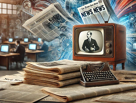 An image representing the Fourth Estate, with vintage newspapers and a television in a busy newsroom setting